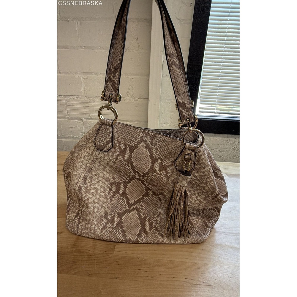 Michael Kors Tan Snakeskin Embossed Leather Hobo Shoulder Bag Tassel Large
